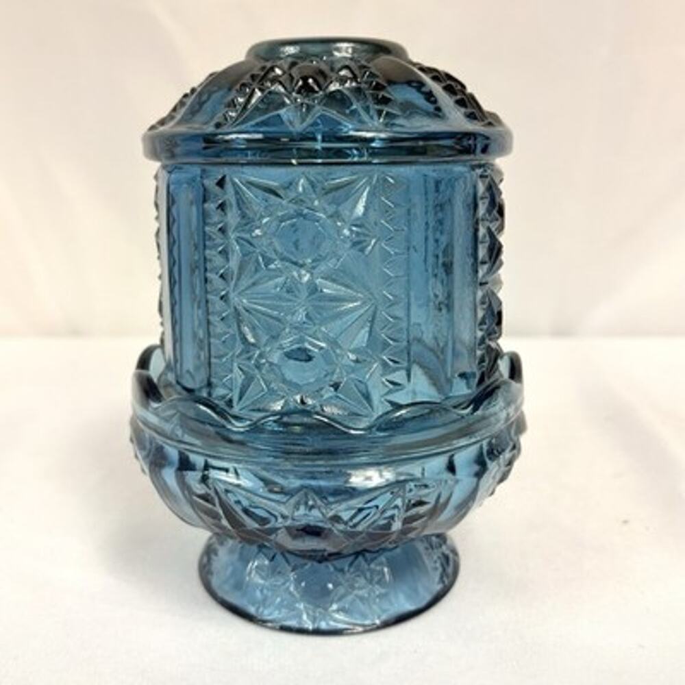 Vtg Indiana Colonial Blue Glass Stars And Bars Fairy Lamp Candle Holder